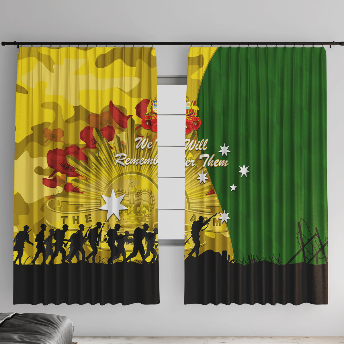 Australia Cricket ANZAC Day 2024 Window Curtain Australian Army Camouflage With Poppies