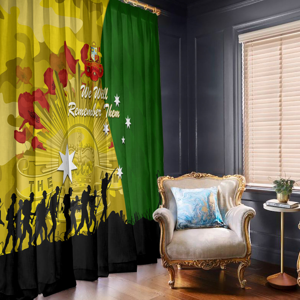 Australia Cricket ANZAC Day 2024 Window Curtain Australian Army Camouflage With Poppies