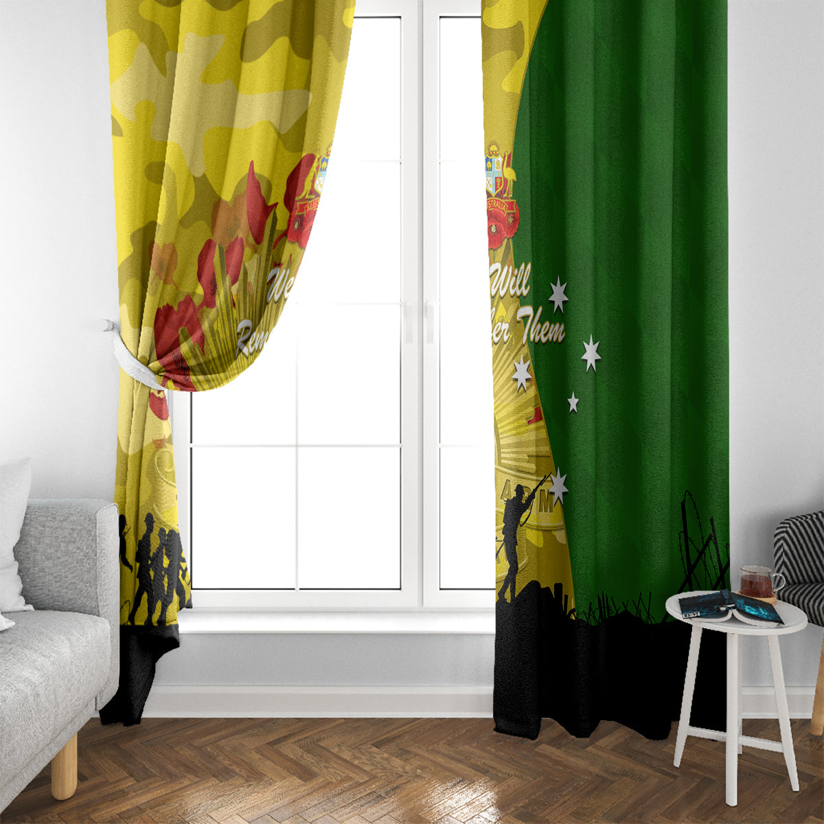 Australia Cricket ANZAC Day 2024 Window Curtain Australian Army Camouflage With Poppies