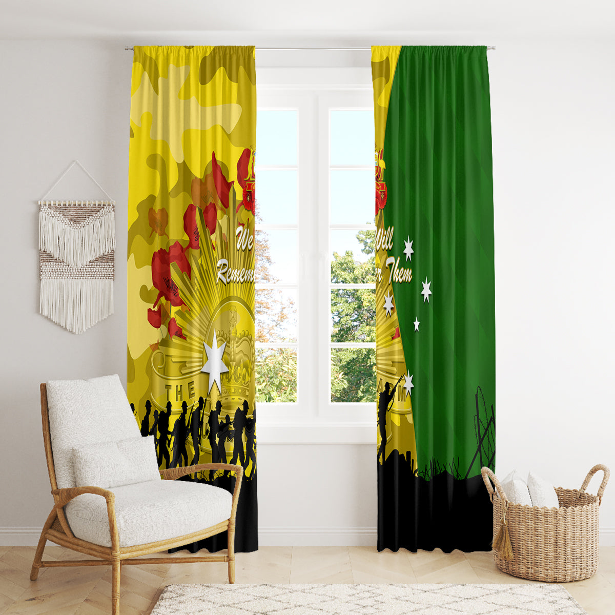 Australia Cricket ANZAC Day 2024 Window Curtain Australian Army Camouflage With Poppies