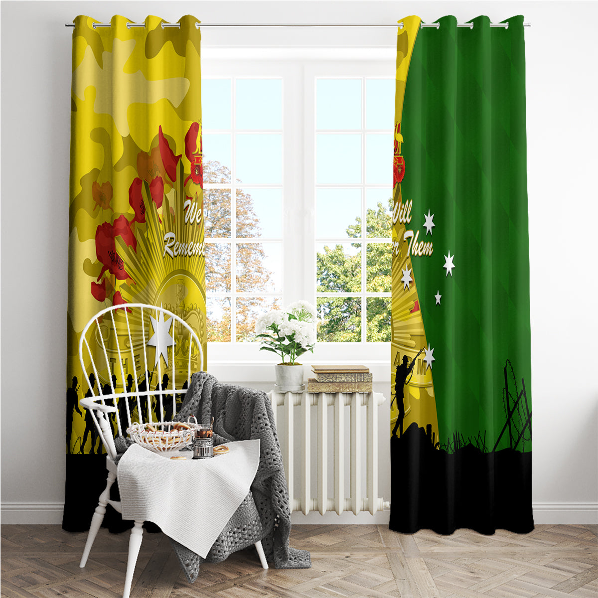 Australia Cricket ANZAC Day 2024 Window Curtain Australian Army Camouflage With Poppies
