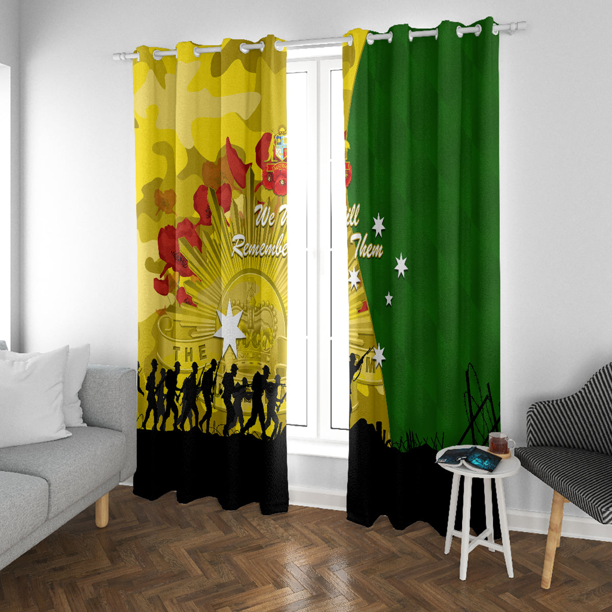 Australia Cricket ANZAC Day 2024 Window Curtain Australian Army Camouflage With Poppies
