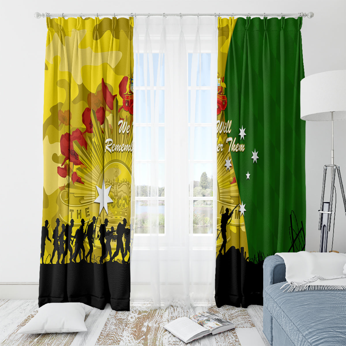 Australia Cricket ANZAC Day 2024 Window Curtain Australian Army Camouflage With Poppies