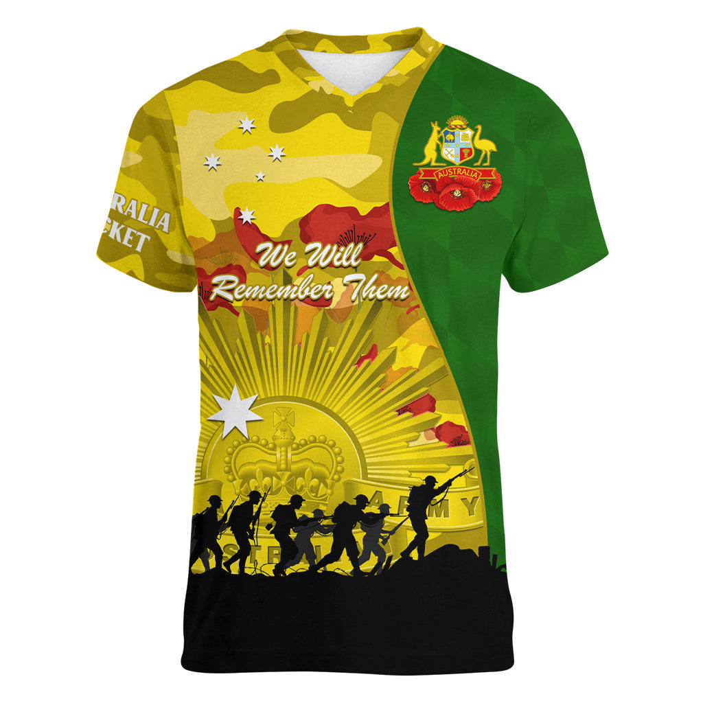 Australia Cricket ANZAC Day 2024 Women V Neck T Shirt Australian Army Camouflage With Poppies - Vibe Hoodie Shop
