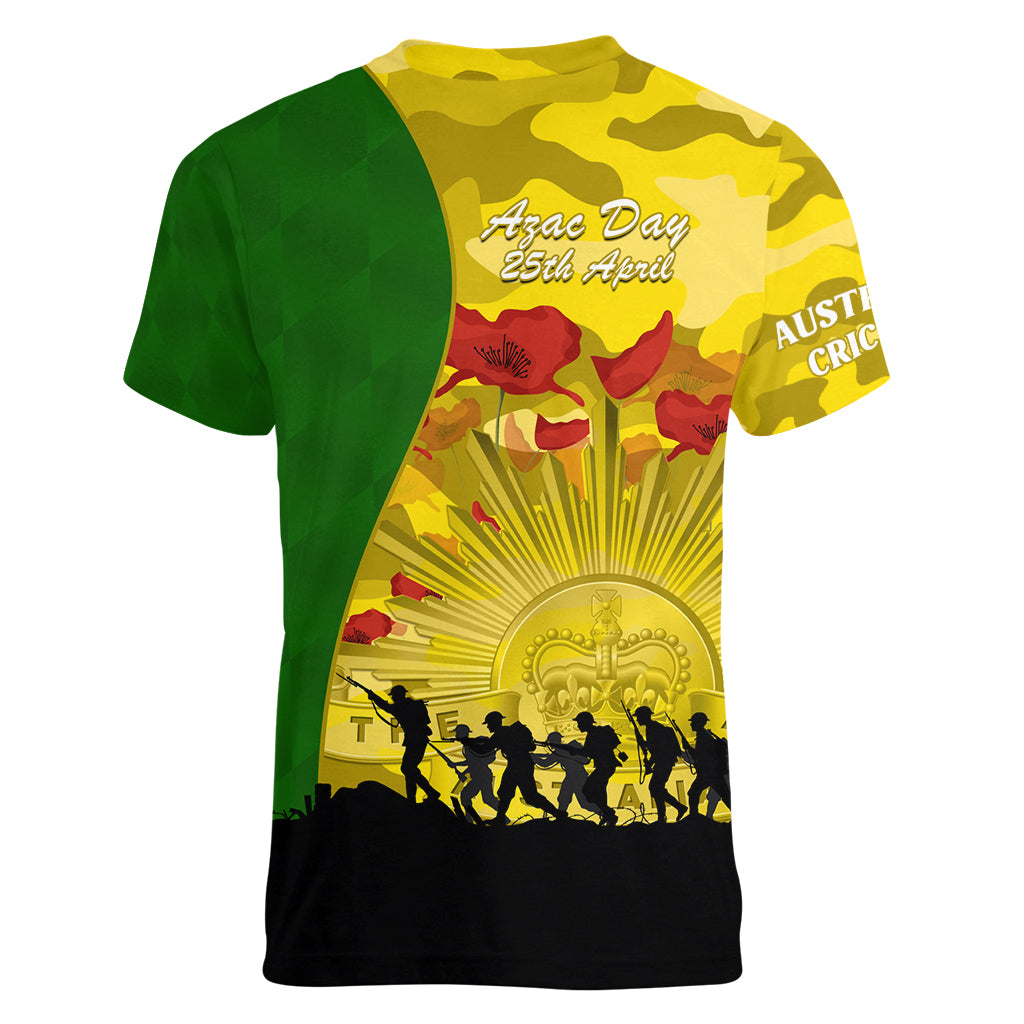 Australia Cricket ANZAC Day 2024 Women V Neck T Shirt Australian Army Camouflage With Poppies - Vibe Hoodie Shop