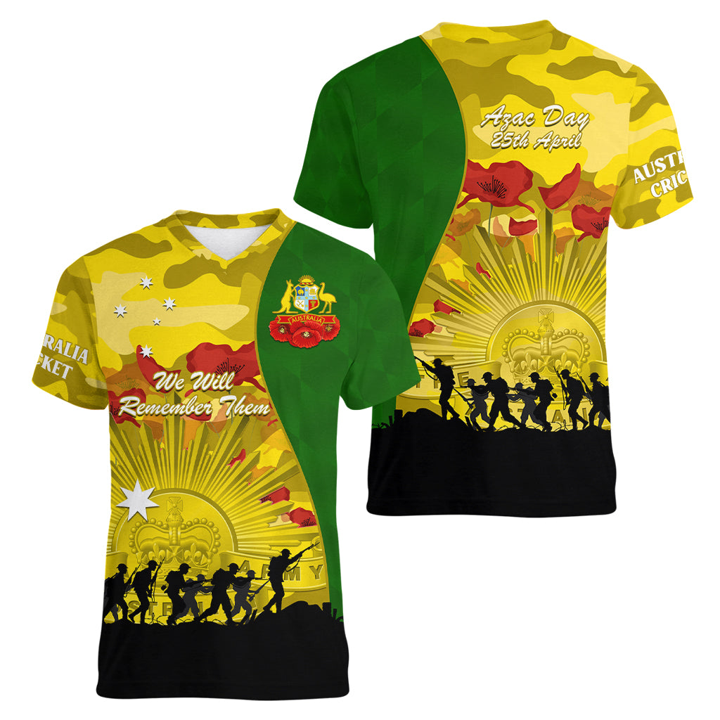 Australia Cricket ANZAC Day 2024 Women V Neck T Shirt Australian Army Camouflage With Poppies - Vibe Hoodie Shop