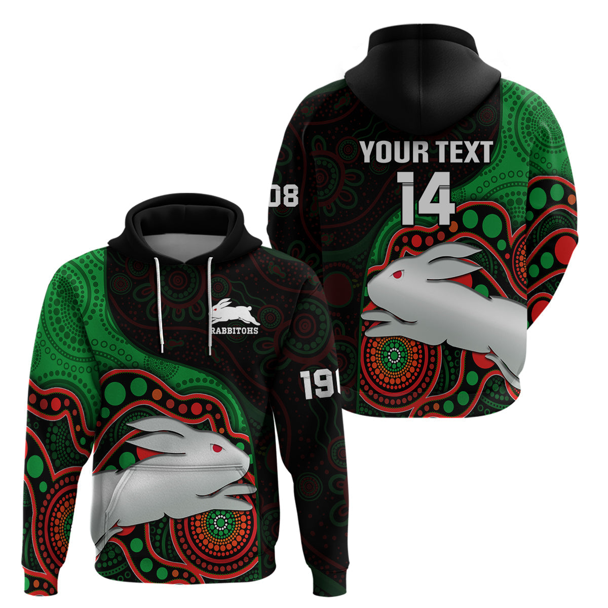 (Custom Text And Number) Rabbitohs Rugby Hoodie Go Souths Indigenous Art - Vibe Hoodie Shop