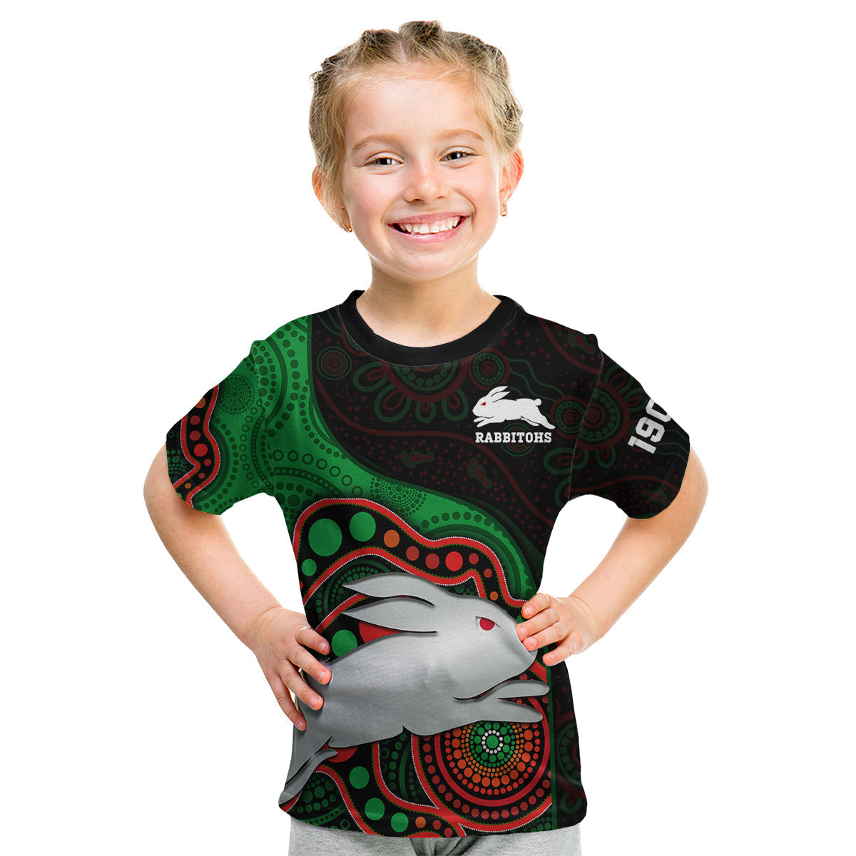 (Custom Text And Number) Rabbitohs Rugby Kid T Shirt Go Souths Indigenous Art - Vibe Hoodie Shop