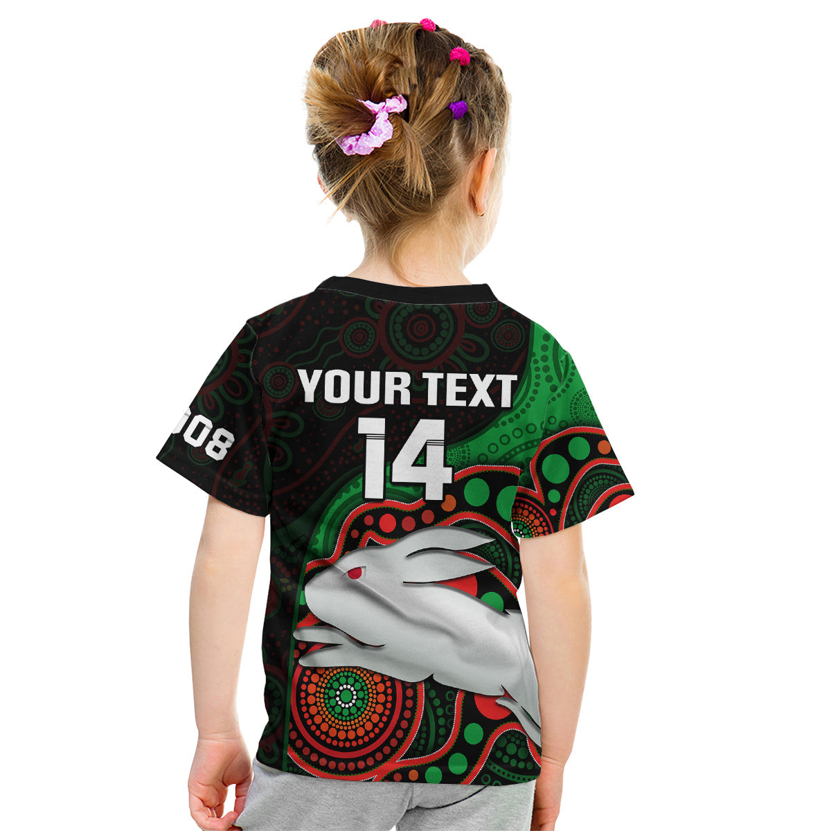 (Custom Text And Number) Rabbitohs Rugby Kid T Shirt Go Souths Indigenous Art - Vibe Hoodie Shop