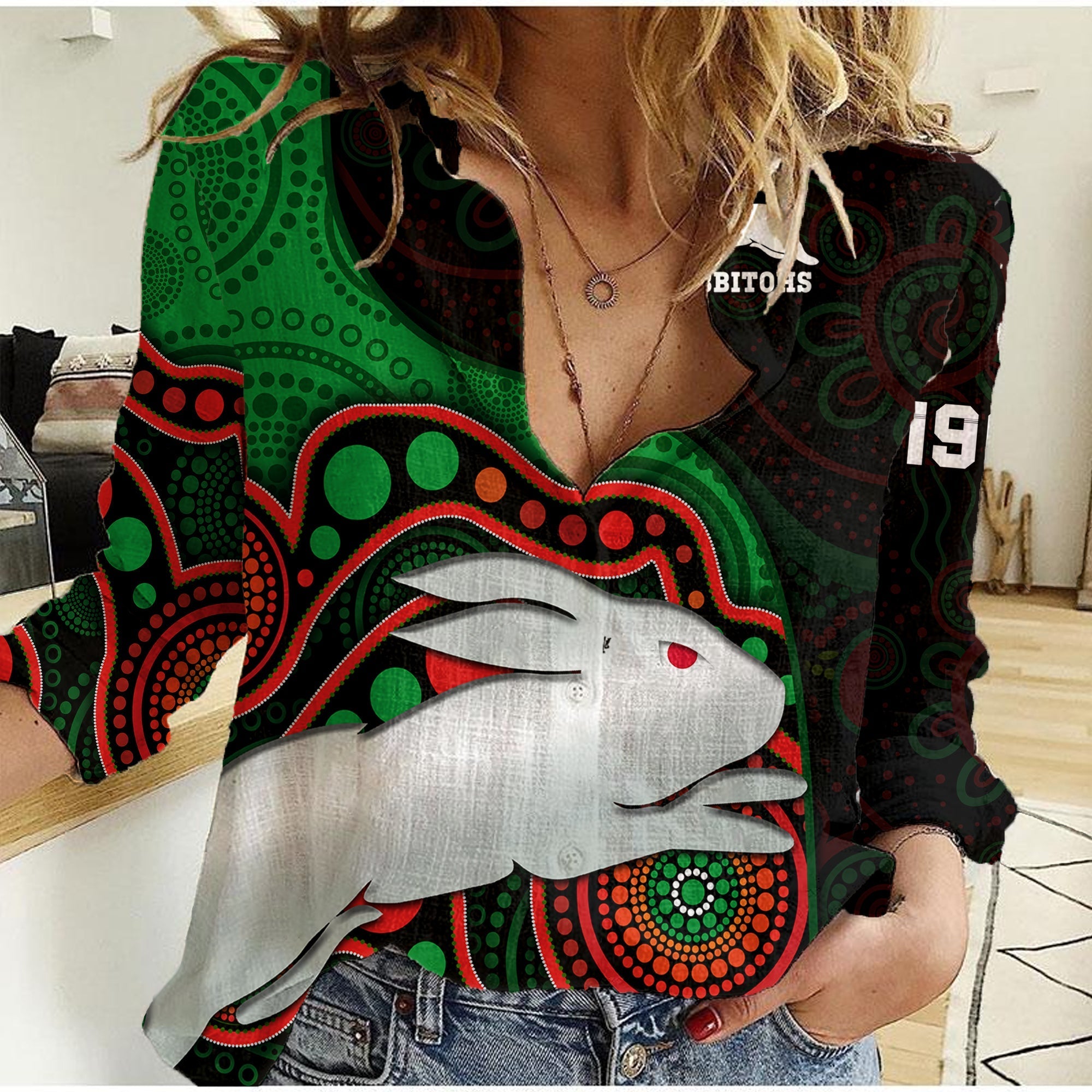 (Custom Text And Number) Rabbitohs Rugby Women Casual Shirt Go Souths Indigenous Art - Vibe Hoodie Shop