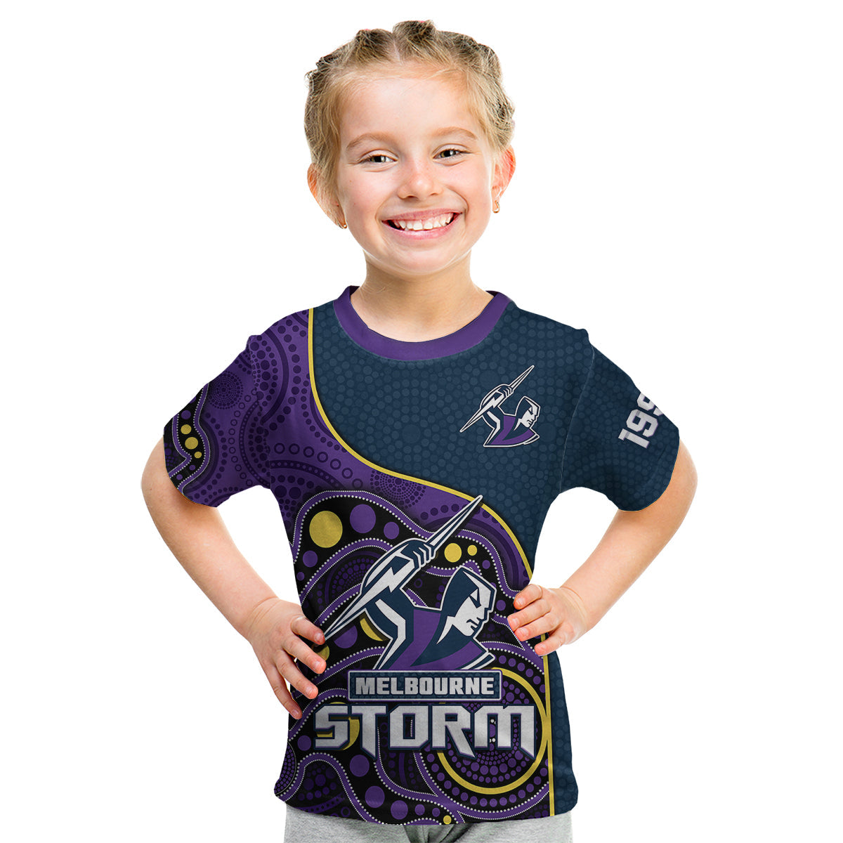 (Custom Text And Number) Storm Rugby Kid T Shirt Est 1997 Indigenous Art - Vibe Hoodie Shop