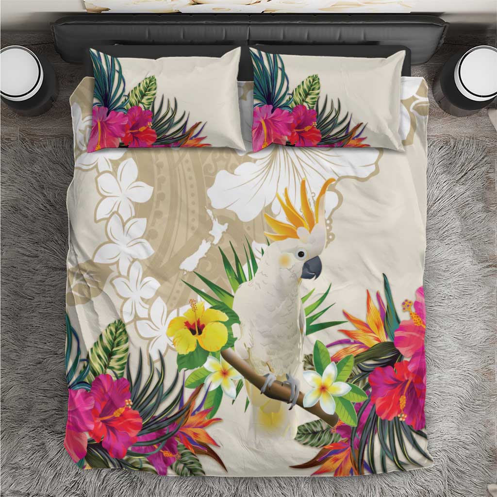 New Zealand Cacatua Galerita Bedding Set Aotearoa Cockatoo Tropical Flowers - Vibe Hoodie Shop