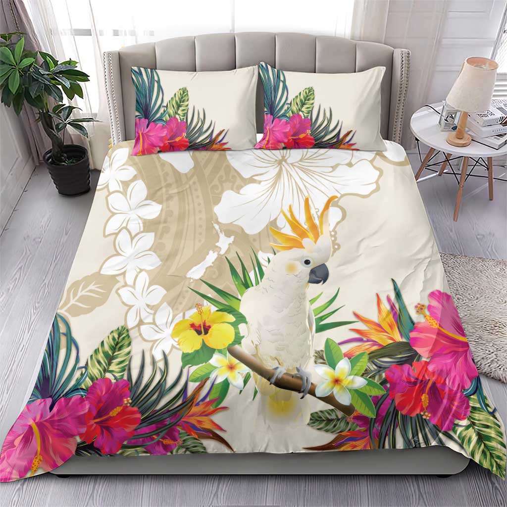 New Zealand Cacatua Galerita Bedding Set Aotearoa Cockatoo Tropical Flowers - Vibe Hoodie Shop