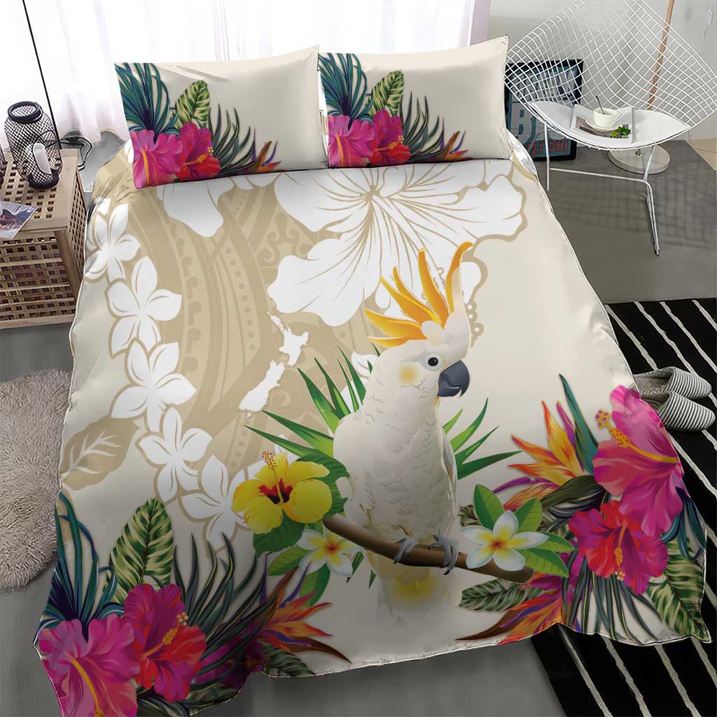 New Zealand Cacatua Galerita Bedding Set Aotearoa Cockatoo Tropical Flowers - Vibe Hoodie Shop