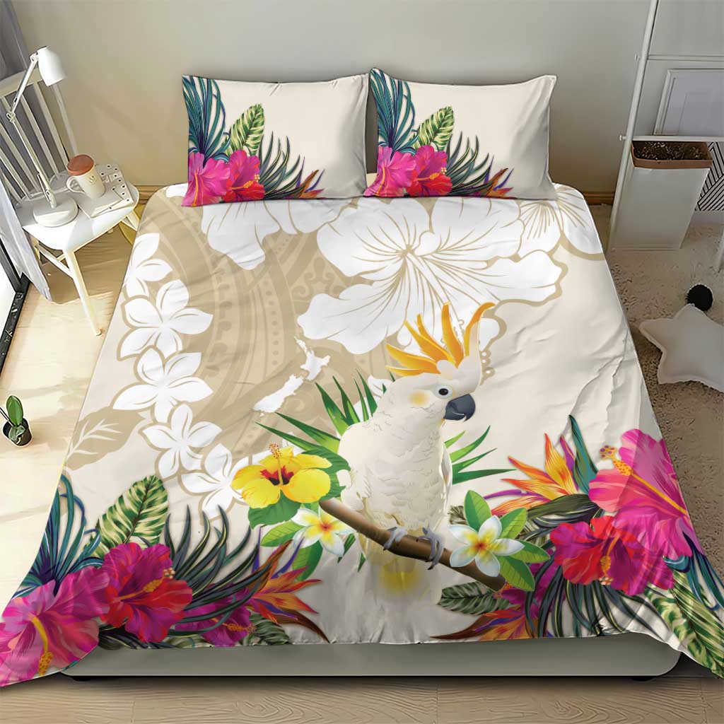 New Zealand Cacatua Galerita Bedding Set Aotearoa Cockatoo Tropical Flowers - Vibe Hoodie Shop