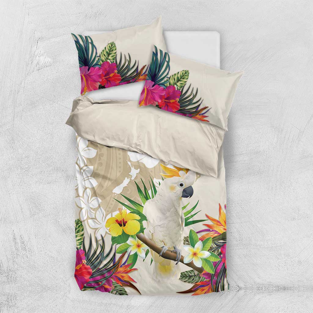 New Zealand Cacatua Galerita Bedding Set Aotearoa Cockatoo Tropical Flowers - Vibe Hoodie Shop