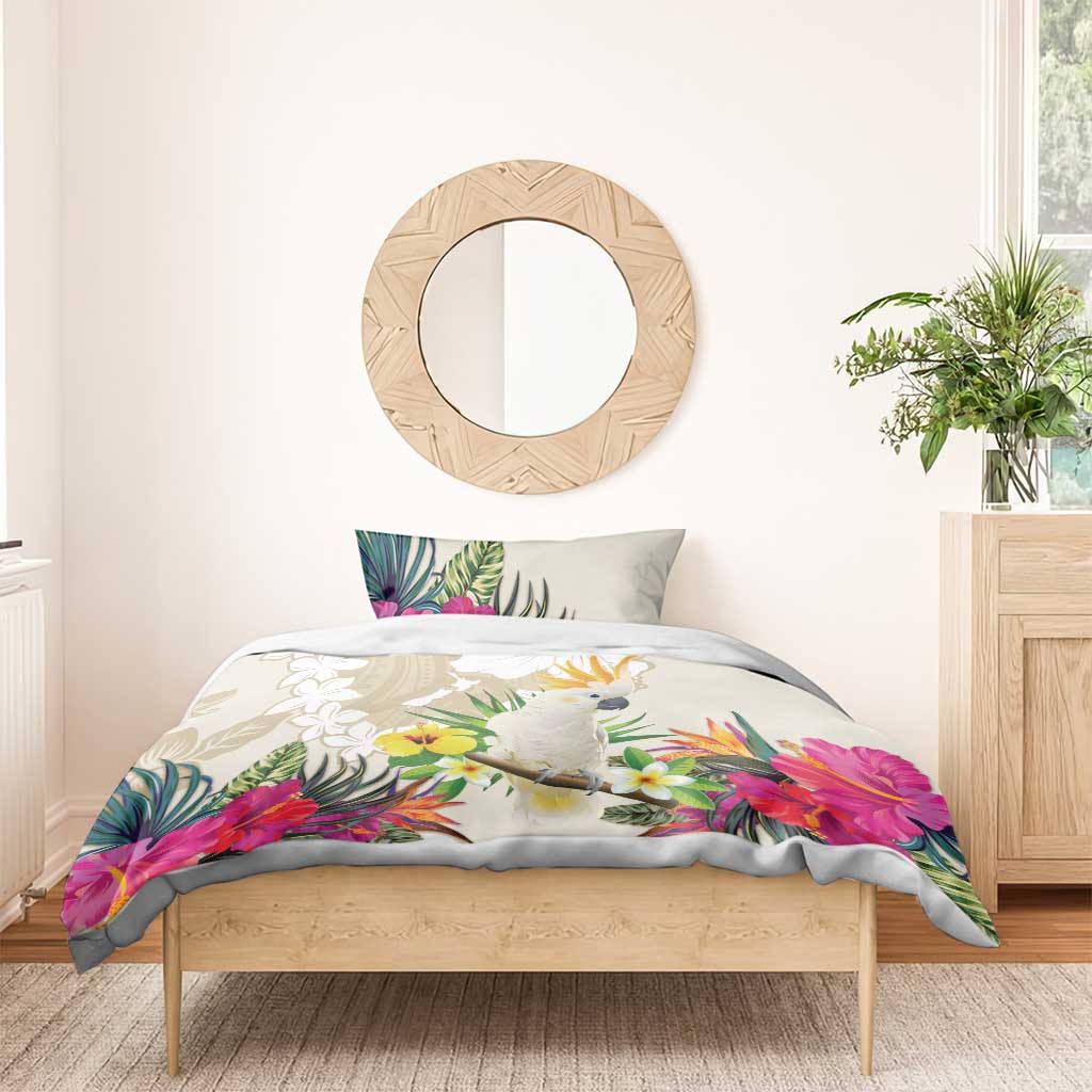 New Zealand Cacatua Galerita Bedding Set Aotearoa Cockatoo Tropical Flowers - Vibe Hoodie Shop