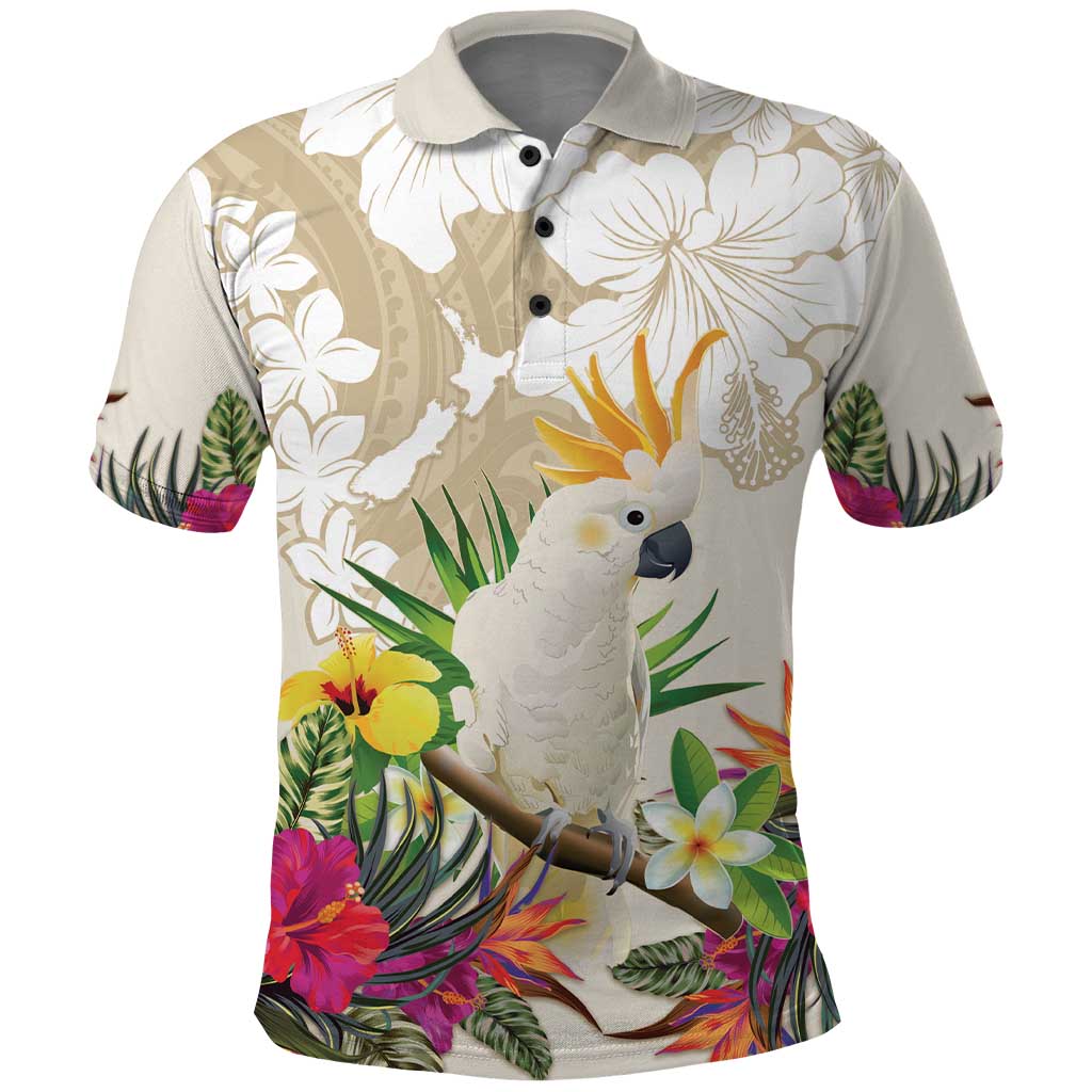 New Zealand Cacatua Galerita Polo Shirt Aotearoa Cockatoo Tropical Flowers - Vibe Hoodie Shop