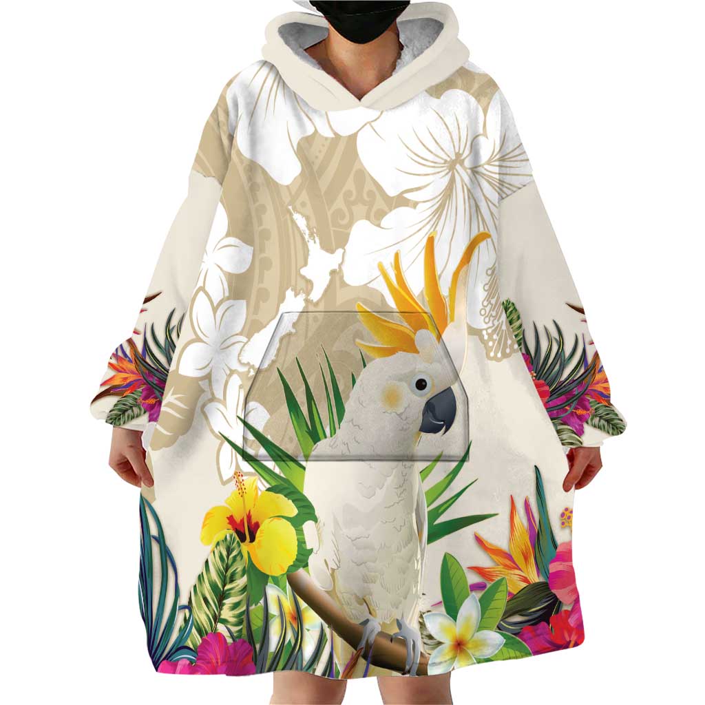 New Zealand Cacatua Galerita Wearable Blanket Hoodie Aotearoa Cockatoo Tropical Flowers - Vibe Hoodie Shop