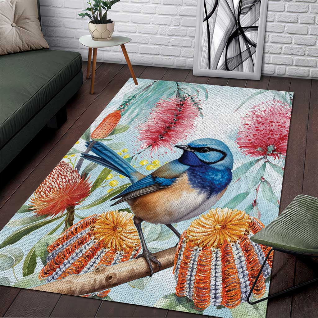 Splendid Fairy-wren Australia Area Rug Aussie National Flowers - Watercolor Style - Vibe Hoodie Shop