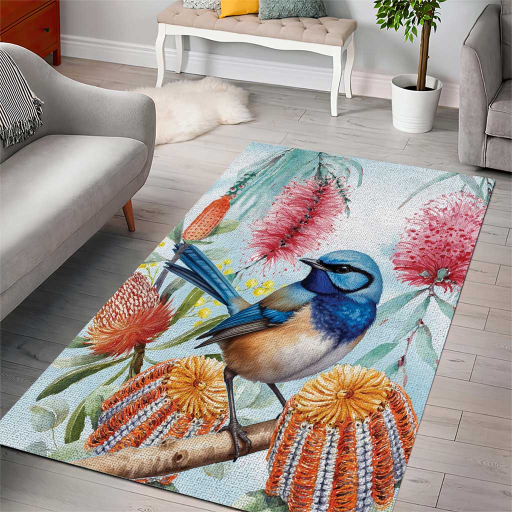 Splendid Fairy-wren Australia Area Rug Aussie National Flowers - Watercolor Style - Vibe Hoodie Shop