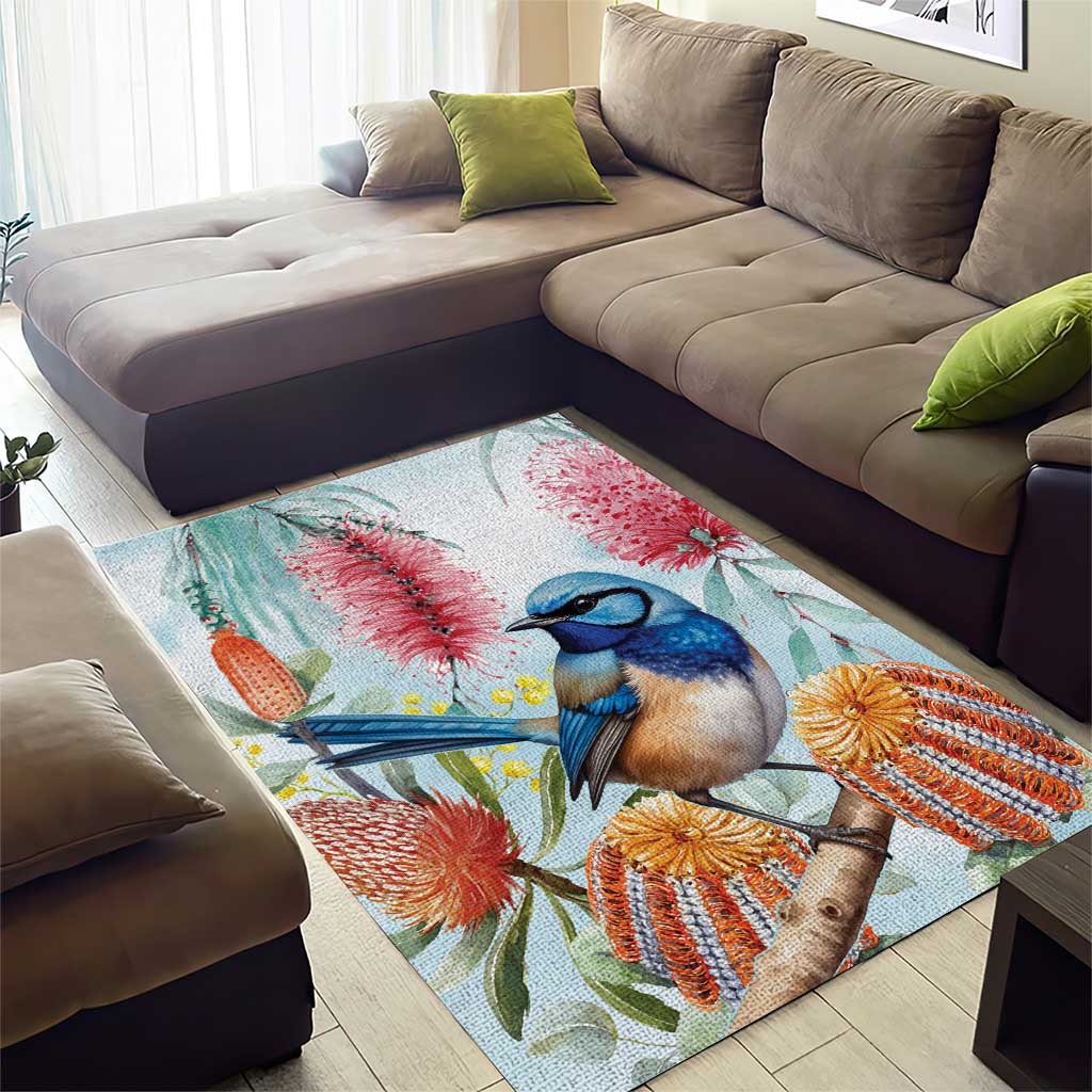 Splendid Fairy-wren Australia Area Rug Aussie National Flowers - Watercolor Style - Vibe Hoodie Shop