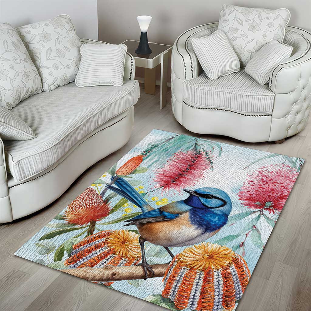 Splendid Fairy-wren Australia Area Rug Aussie National Flowers - Watercolor Style - Vibe Hoodie Shop