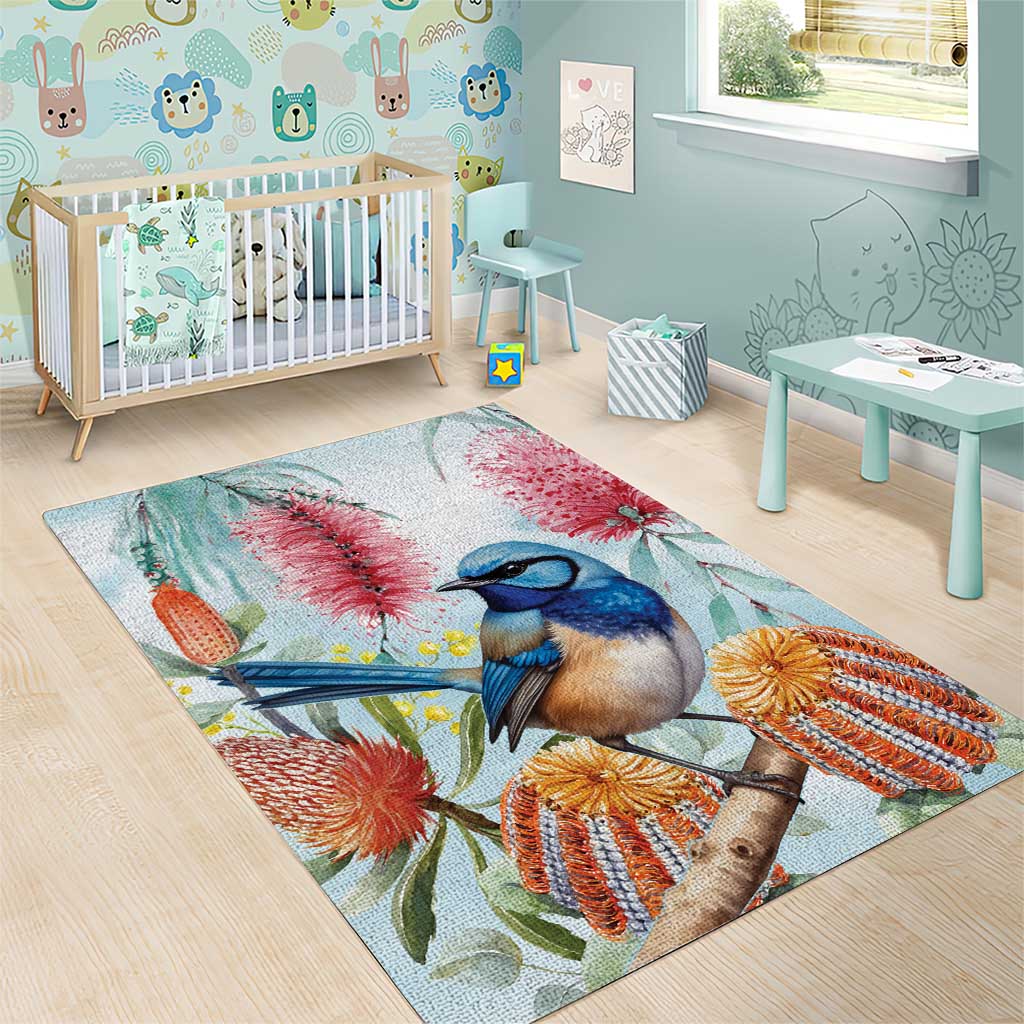 Splendid Fairy-wren Australia Area Rug Aussie National Flowers - Watercolor Style - Vibe Hoodie Shop