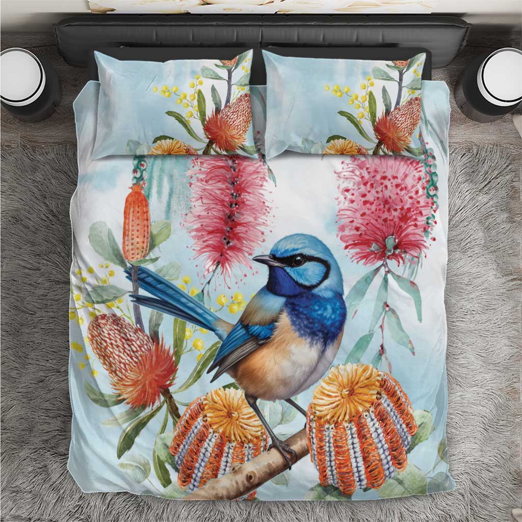 Splendid Fairy-wren Australia Bedding Set Aussie National Flowers - Watercolor Style - Vibe Hoodie Shop