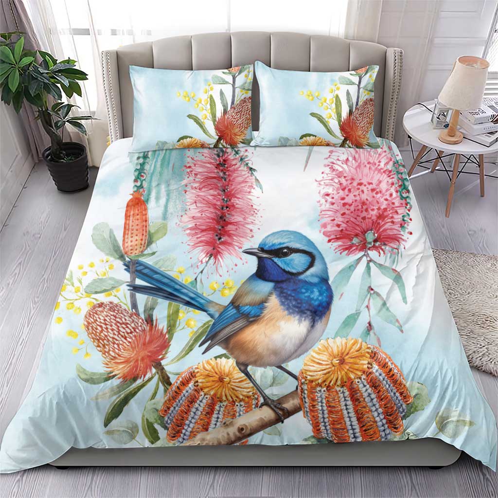 Splendid Fairy-wren Australia Bedding Set Aussie National Flowers - Watercolor Style - Vibe Hoodie Shop