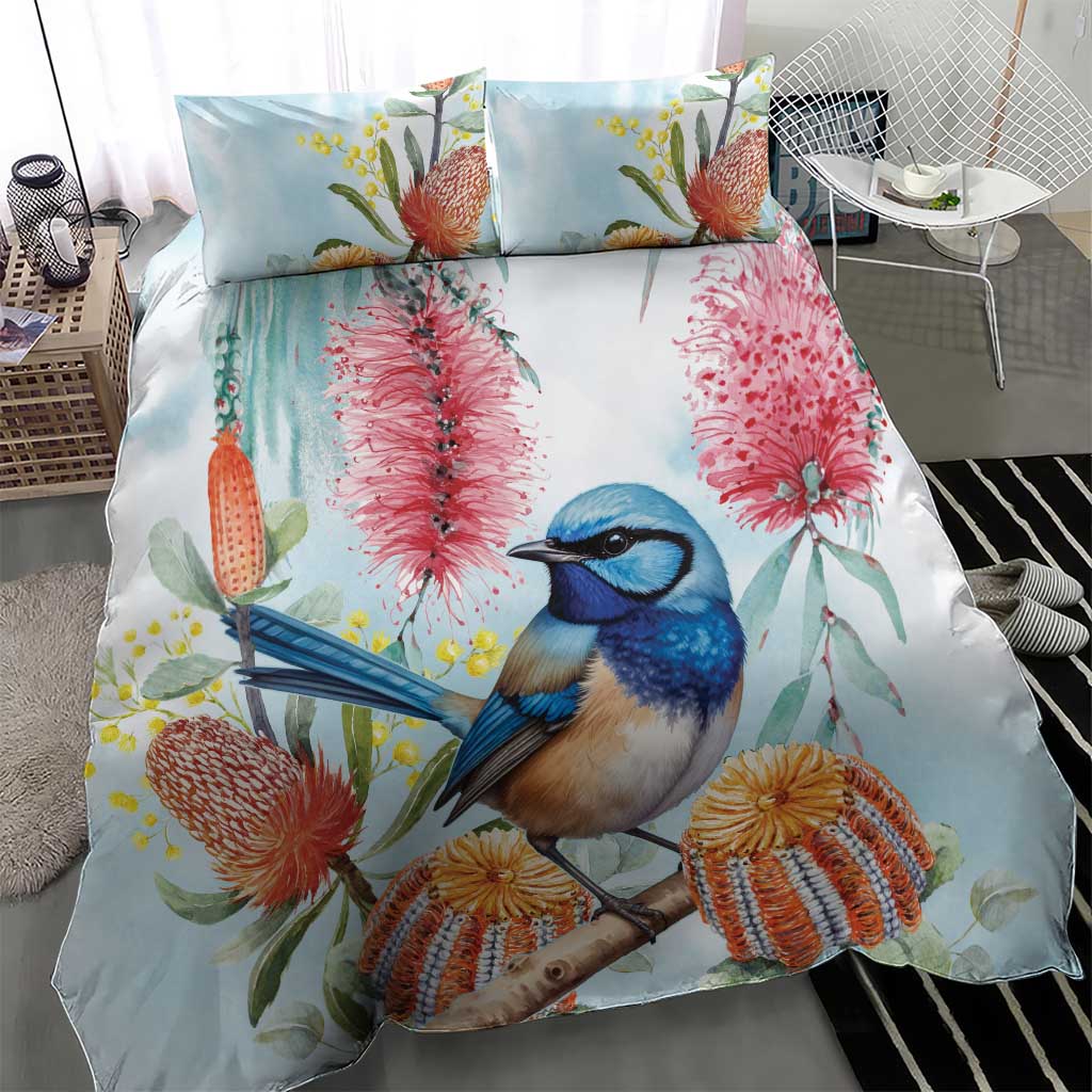 Splendid Fairy-wren Australia Bedding Set Aussie National Flowers - Watercolor Style - Vibe Hoodie Shop