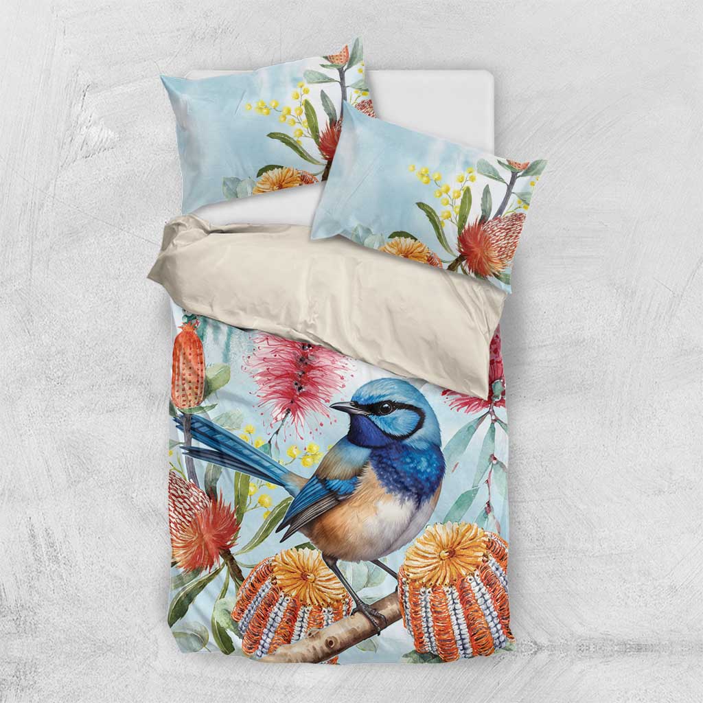 Splendid Fairy-wren Australia Bedding Set Aussie National Flowers - Watercolor Style - Vibe Hoodie Shop