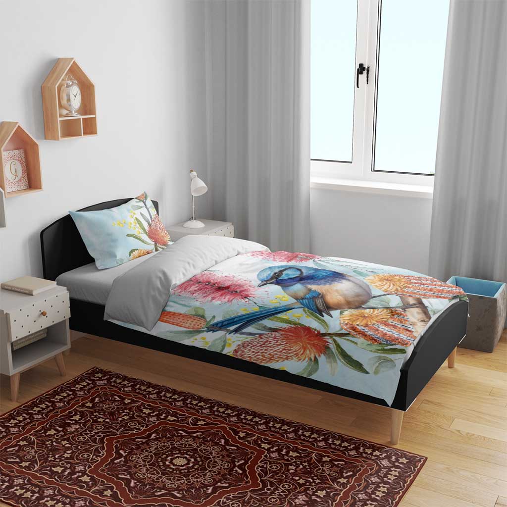 Splendid Fairy-wren Australia Bedding Set Aussie National Flowers - Watercolor Style - Vibe Hoodie Shop