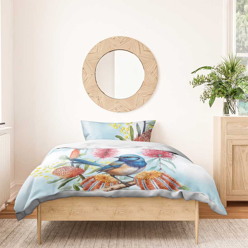 Splendid Fairy-wren Australia Bedding Set Aussie National Flowers - Watercolor Style - Vibe Hoodie Shop