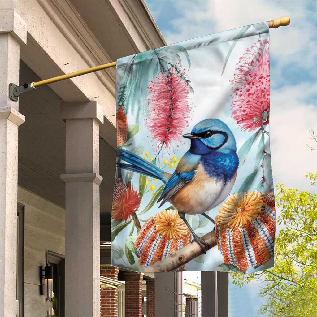 Splendid Fairy-wren Australia Garden Flag Aussie National Flowers - Watercolor Style - Vibe Hoodie Shop