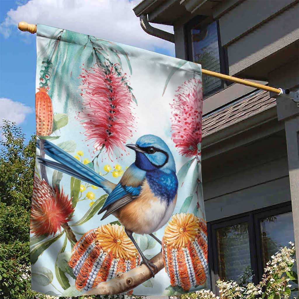Splendid Fairy-wren Australia Garden Flag Aussie National Flowers - Watercolor Style - Vibe Hoodie Shop