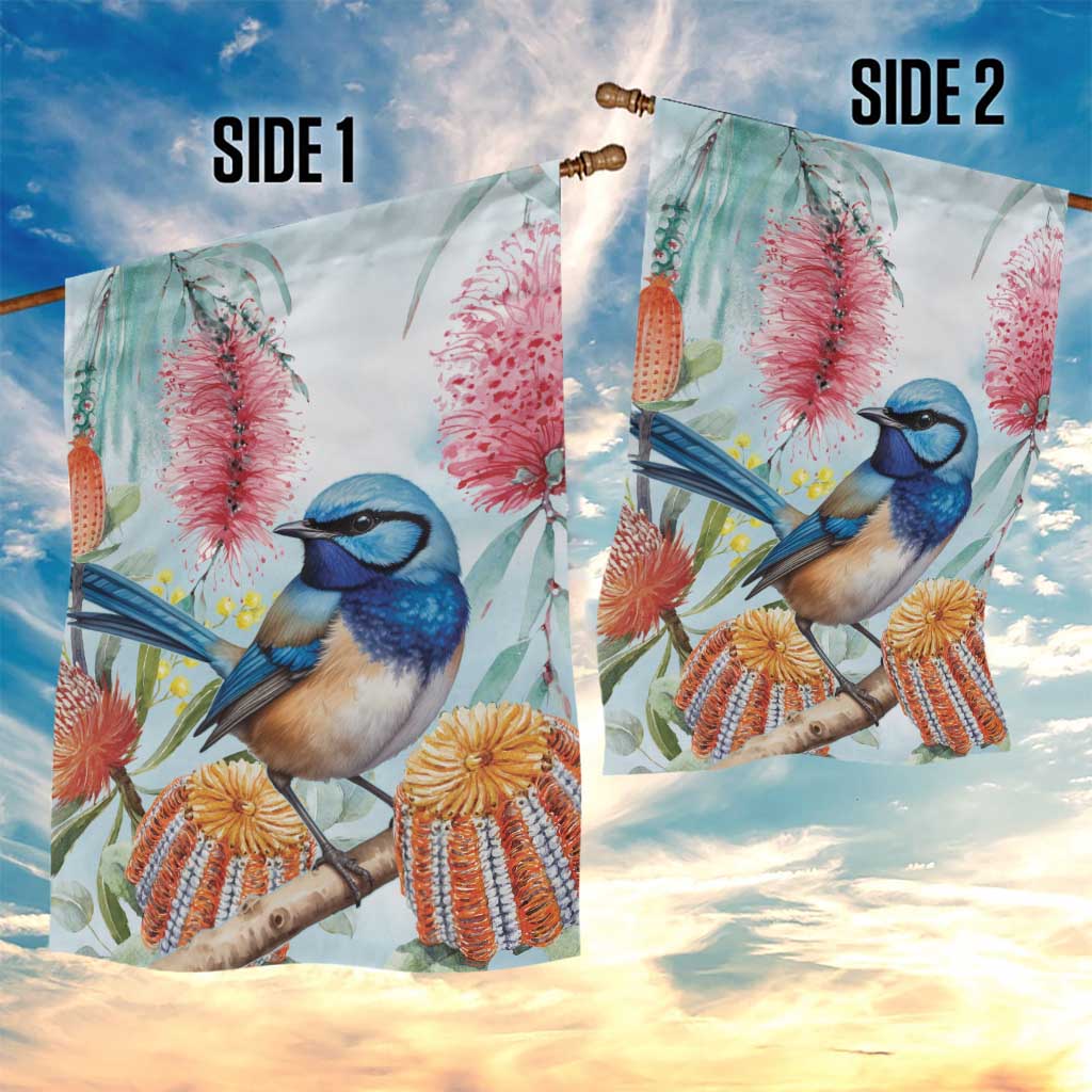 Splendid Fairy-wren Australia Garden Flag Aussie National Flowers - Watercolor Style - Vibe Hoodie Shop