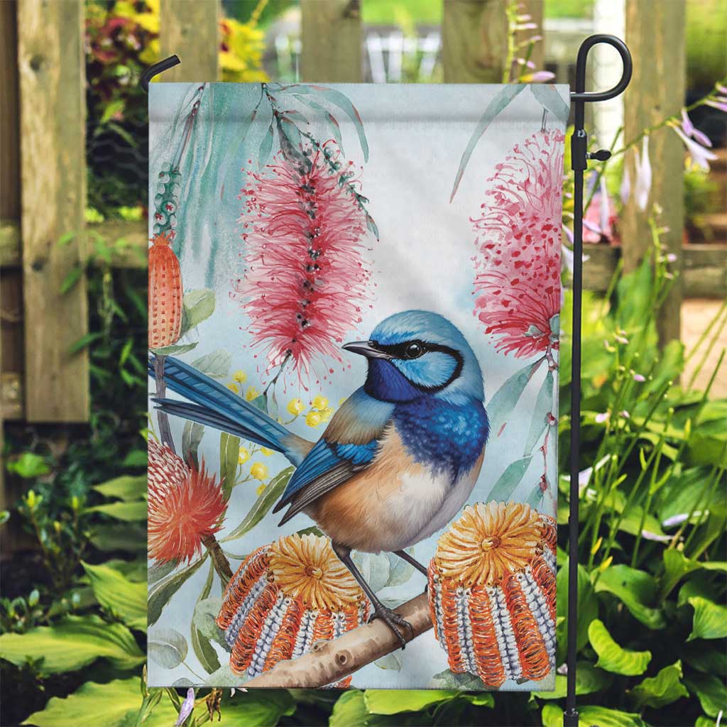 Splendid Fairy-wren Australia Garden Flag Aussie National Flowers - Watercolor Style - Vibe Hoodie Shop