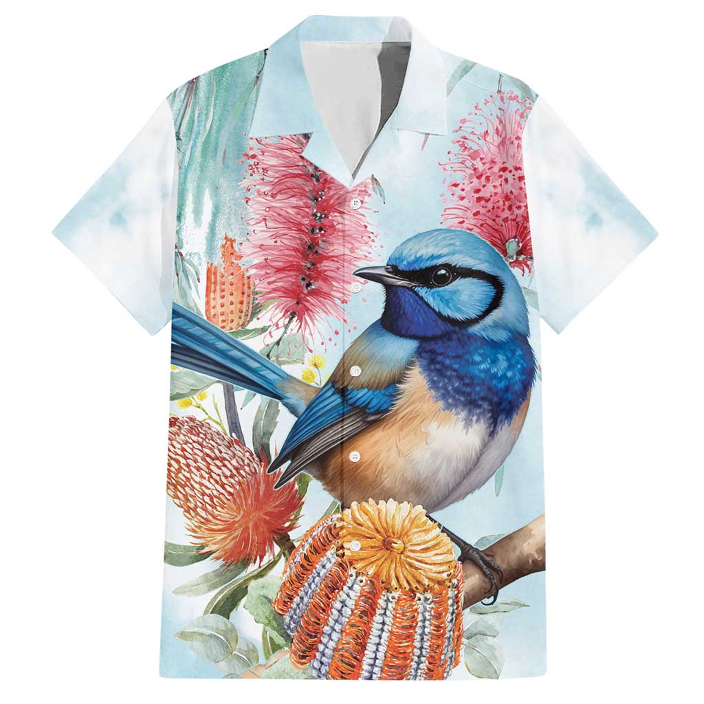 Splendid Fairy-wren Australia Hawaiian Shirt Aussie National Flowers - Watercolor Style - Vibe Hoodie Shop