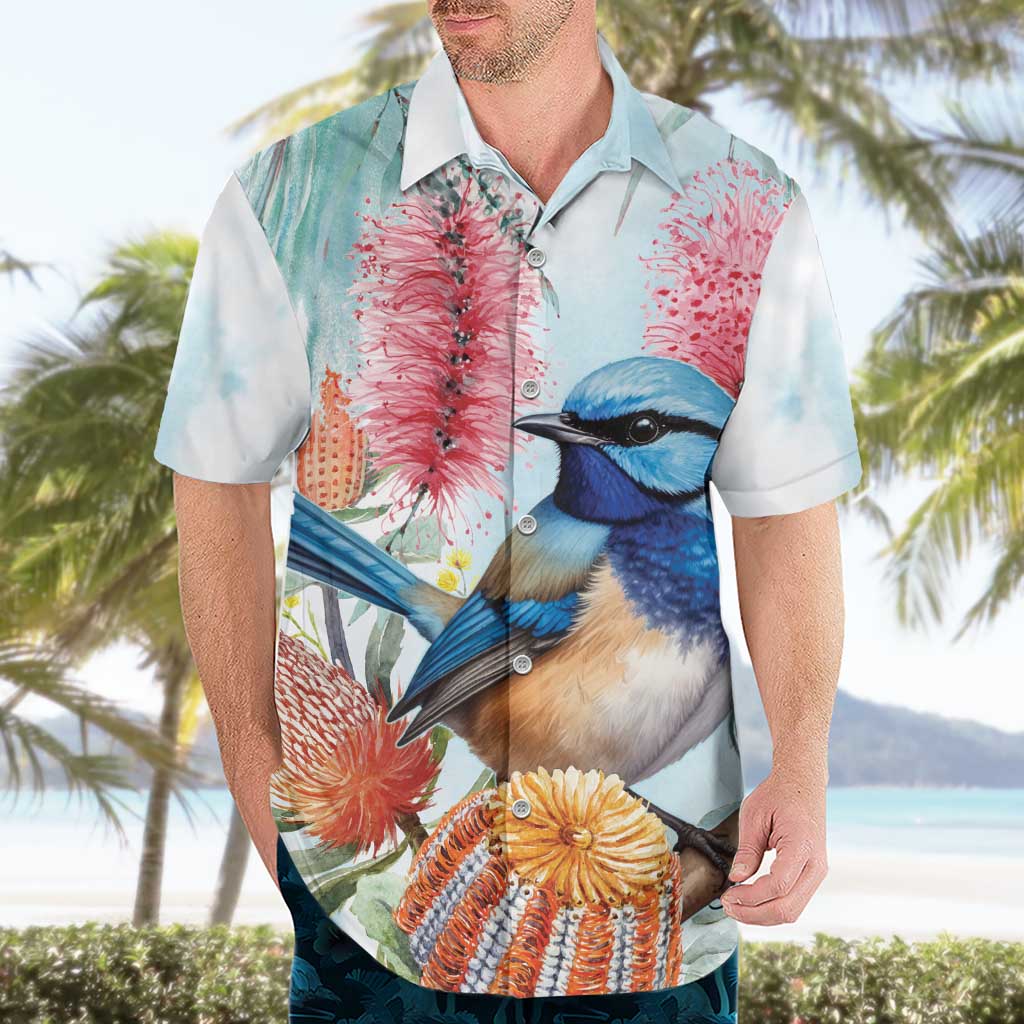 Splendid Fairy-wren Australia Hawaiian Shirt Aussie National Flowers - Watercolor Style - Vibe Hoodie Shop