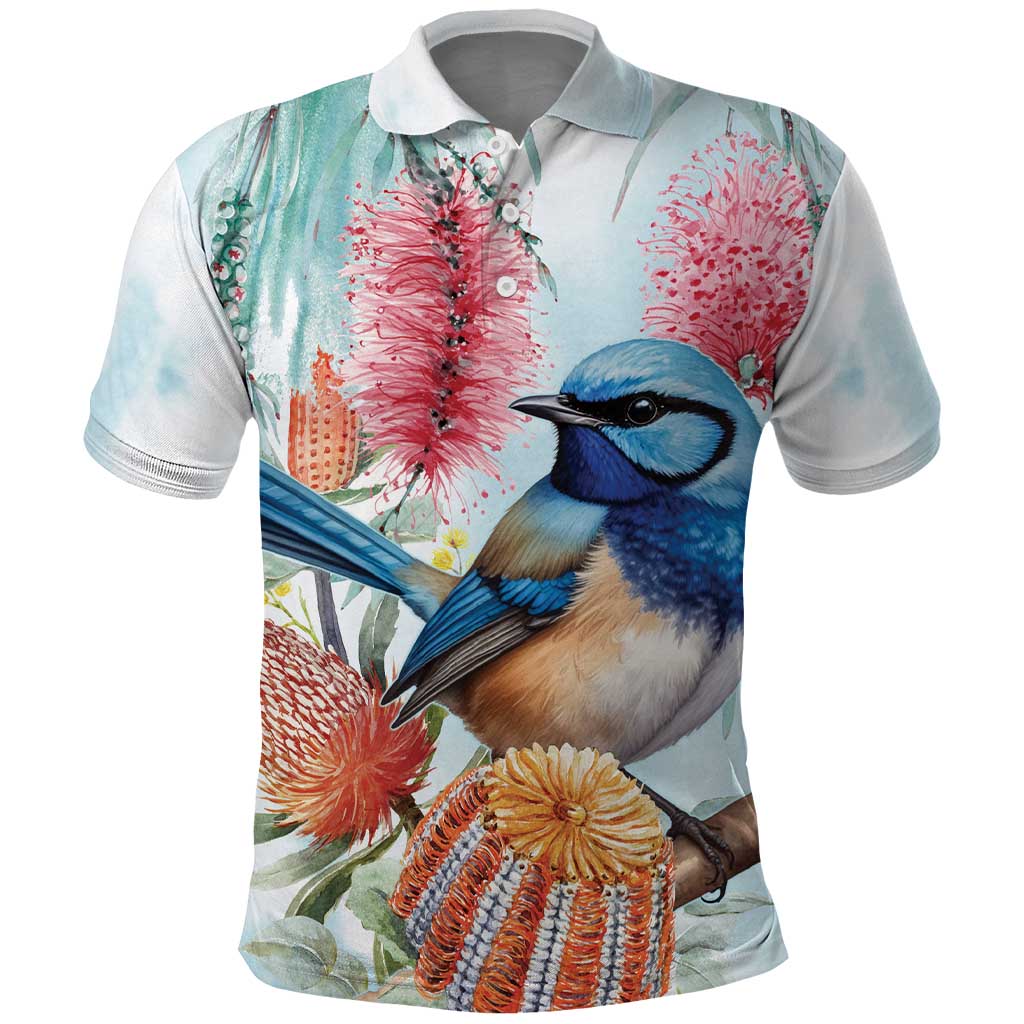 Splendid Fairy-wren Australia Polo Shirt Aussie National Flowers - Watercolor Style - Vibe Hoodie Shop