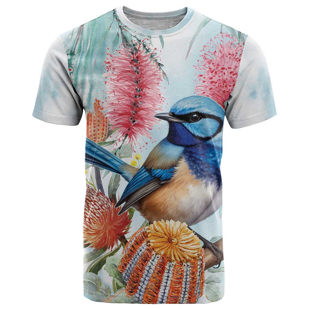 Splendid Fairy-wren Australia T Shirt Aussie National Flowers - Watercolor Style - Vibe Hoodie Shop