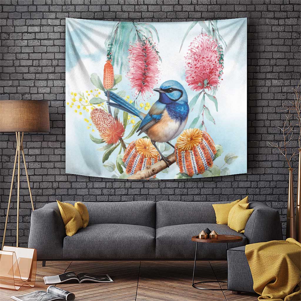 Splendid Fairy-wren Australia Tapestry Aussie National Flowers - Watercolor Style - Vibe Hoodie Shop