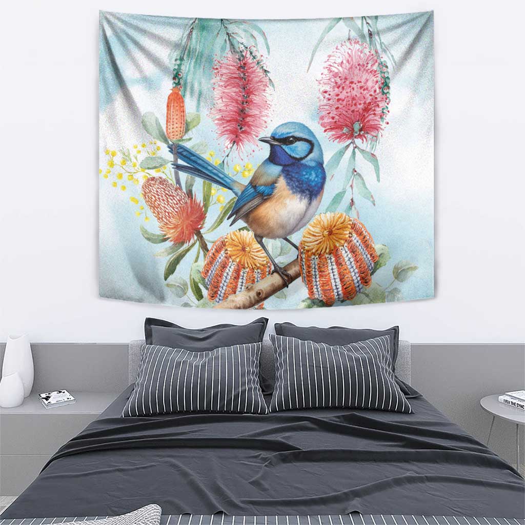 Splendid Fairy-wren Australia Tapestry Aussie National Flowers - Watercolor Style - Vibe Hoodie Shop