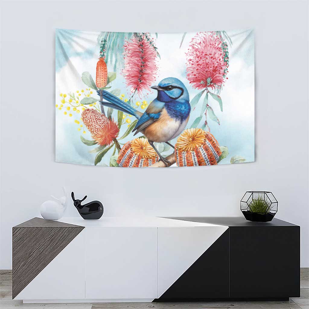 Splendid Fairy-wren Australia Tapestry Aussie National Flowers - Watercolor Style - Vibe Hoodie Shop