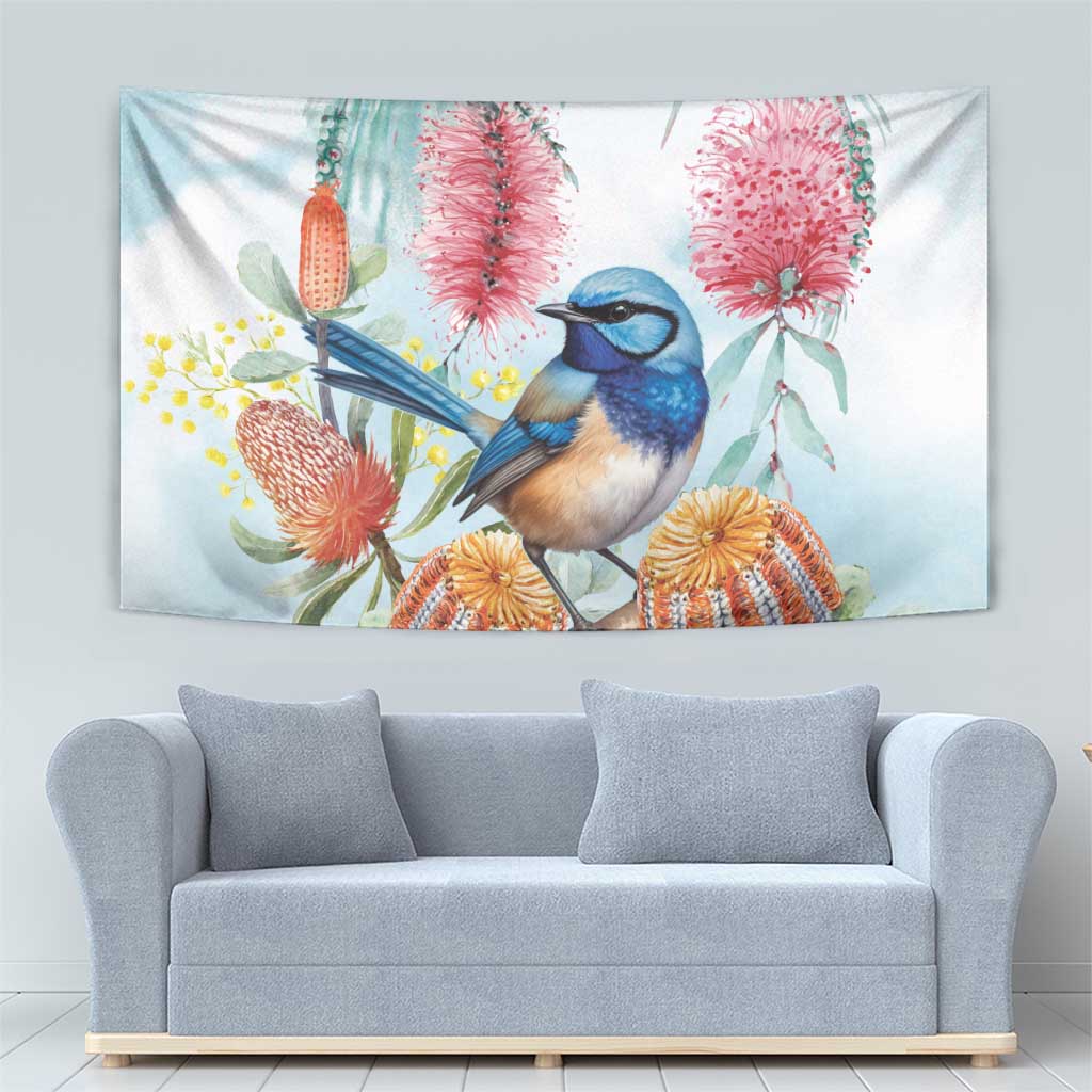 Splendid Fairy-wren Australia Tapestry Aussie National Flowers - Watercolor Style - Vibe Hoodie Shop