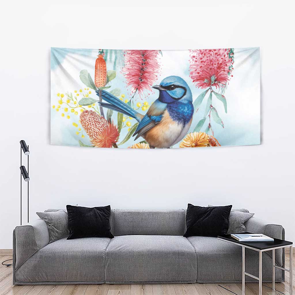 Splendid Fairy-wren Australia Tapestry Aussie National Flowers - Watercolor Style - Vibe Hoodie Shop