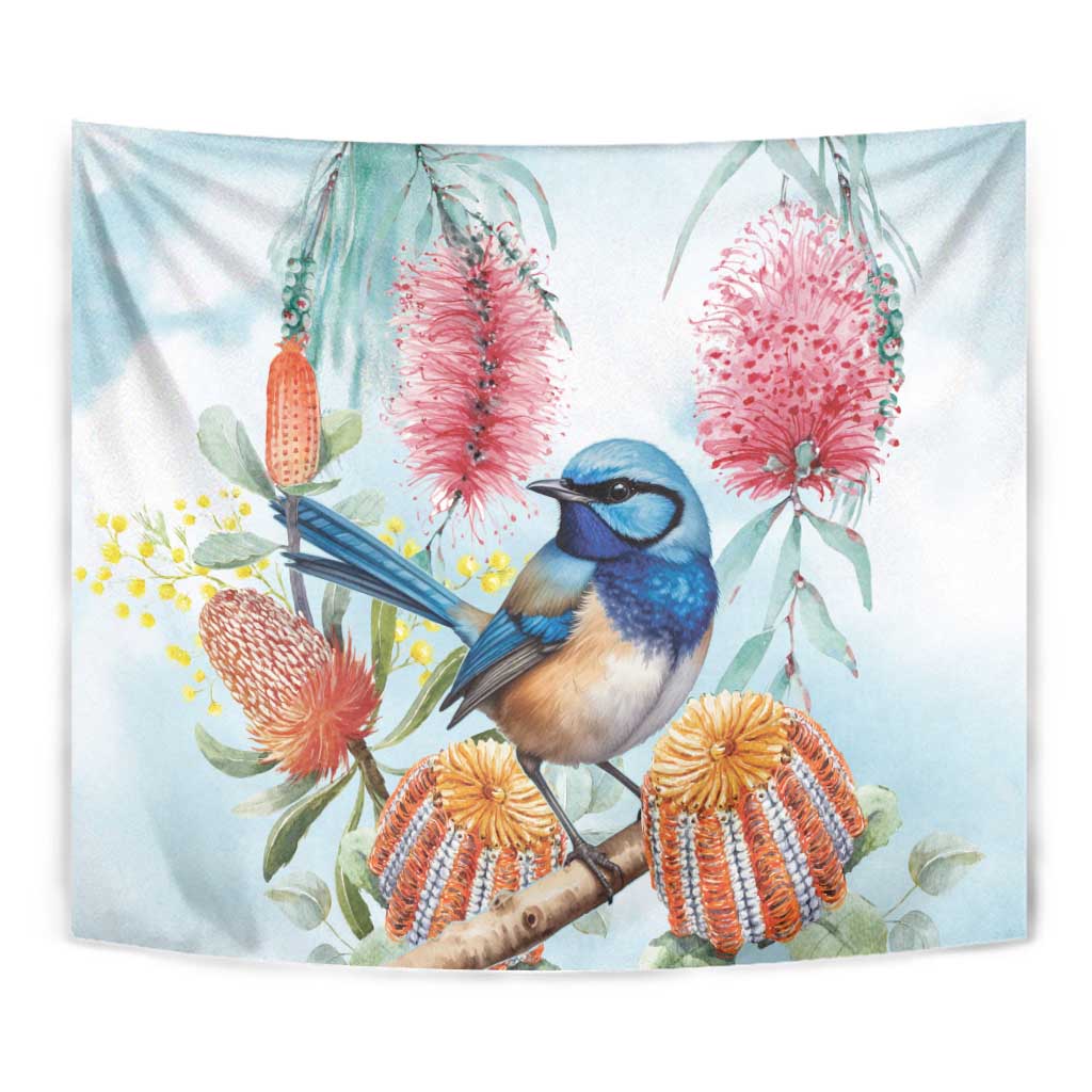 Splendid Fairy-wren Australia Tapestry Aussie National Flowers - Watercolor Style - Vibe Hoodie Shop