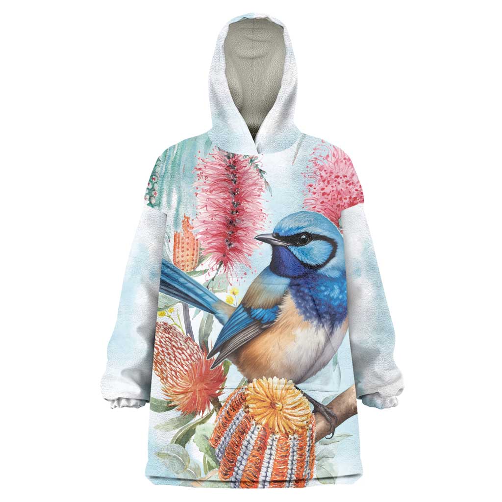 Splendid Fairy-wren Australia Wearable Blanket Hoodie Aussie National Flowers - Watercolor Style - Vibe Hoodie Shop