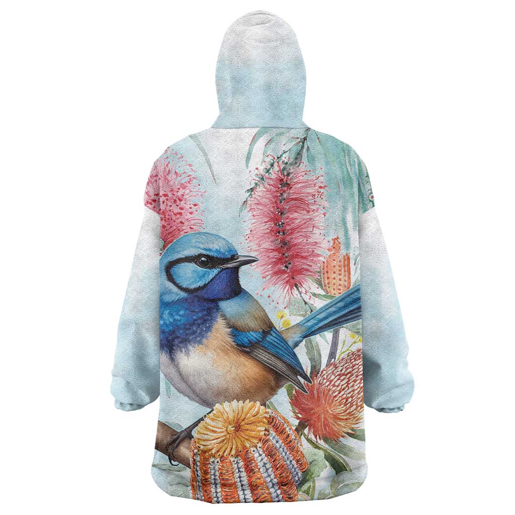 Splendid Fairy-wren Australia Wearable Blanket Hoodie Aussie National Flowers - Watercolor Style - Vibe Hoodie Shop